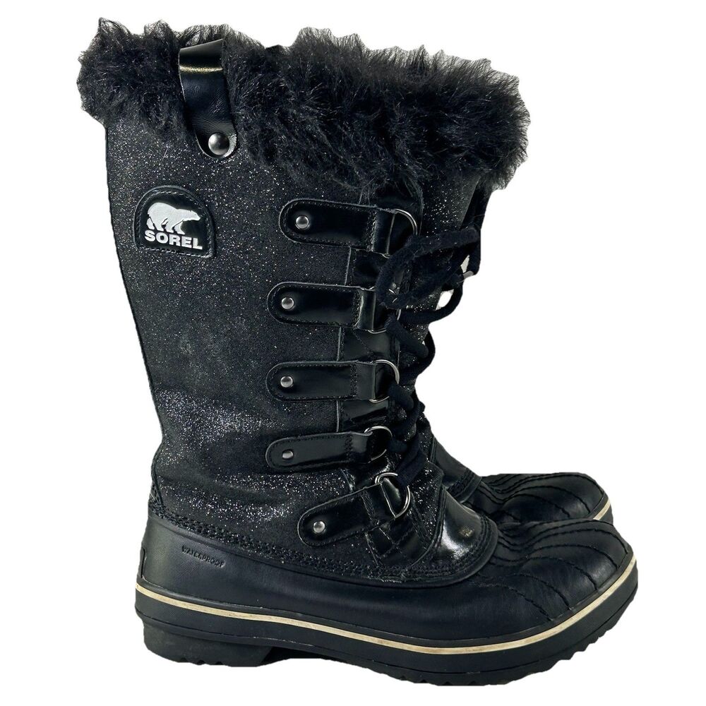 SOREL Black Glitter TOFINO Tall WATERPROOF BOOTS Women’s US Size 8 Faux Fur